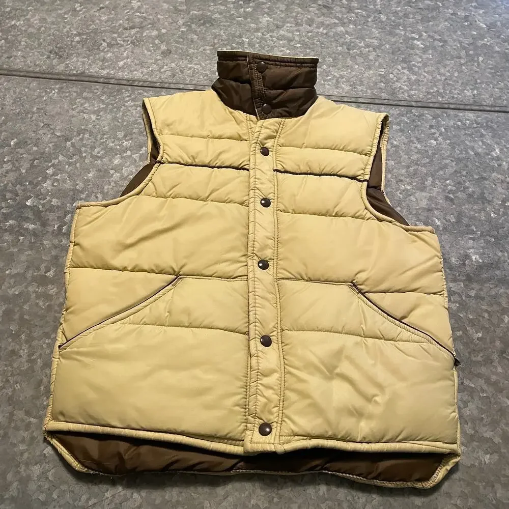 Vintage David Peyser Puffer Vest Small USA Western Tan Khaki Brown Snap Button